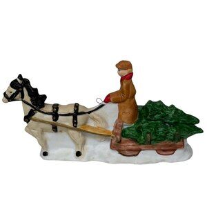 Christmas Village Figurine Miniature Horse Pulling Sleigh with Tree Holiday Deco